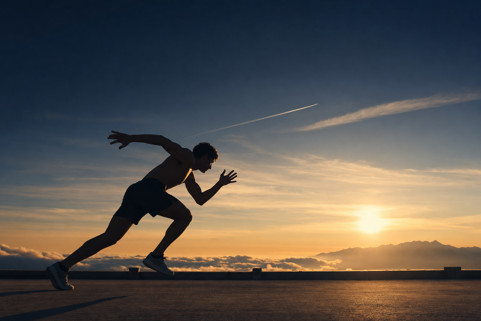 Athlete sprinting at altitude against a golden-hour sky with a jet contrail
